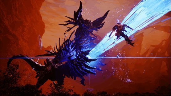 两台机甲并肩作战对抗巨型机械怪物的场景，一前一后夹击，战术配合明显