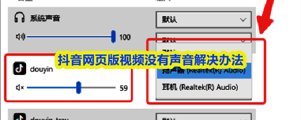 抖音网页版界面截图，显示视频播放区域右下角音量图标位置