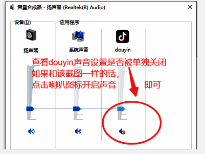 音量合成器中浏览器应用音量设置细节，提示用户检查是否被静音