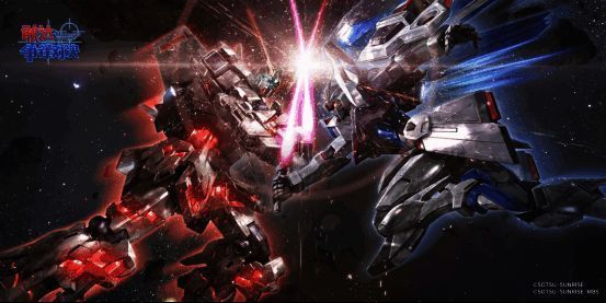 玩家在展台对战区激烈对战，屏幕上机体交火特效炫目，周围观众围观助阵