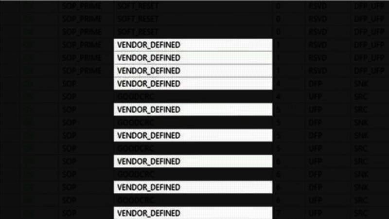 Linus Tech Tips团队正在使用测试设备分析Switch 2的USB-C通信协议，屏幕上显示复杂的协议数据交换过程