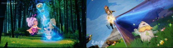 灵兽形象对比图，左侧为《灵兽大冒险》狐狸灵兽，右侧为《长安幻想》同类妖灵，外形、毛发质感、眼神设计几乎一致