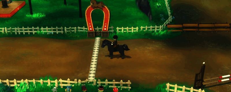 《牧场物语 来吧！风之繁华集市》冬季赛马大会比赛场景，玩家骑马在雪地赛道上飞跃铃铛