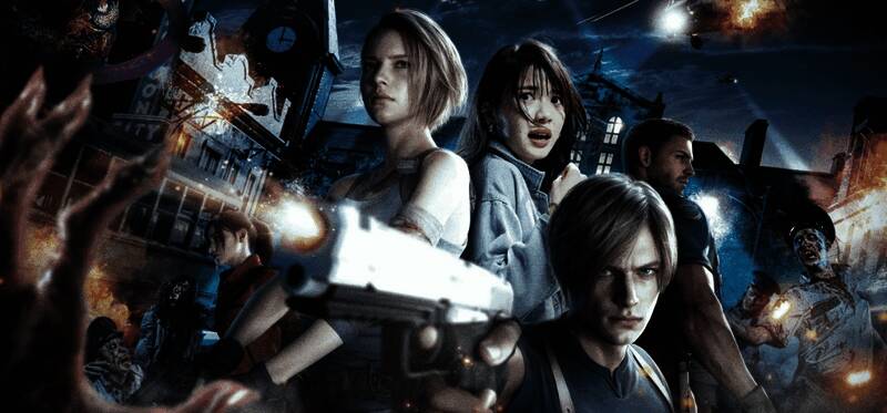 ‘生化危机：英雄之夜’现场剧照，演员扮演的里昂持枪对战丧尸，背景为浣熊市警局大厅，灯光昏暗充满紧张感