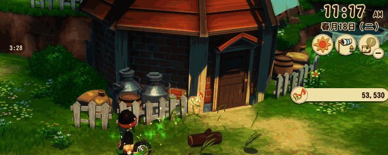 《牧场物语 来吧！风之繁华集市》中风车旁安装妙妙珠的界面展示，左侧凹槽内嵌入蓝色珠子，界面显示性能提升说明