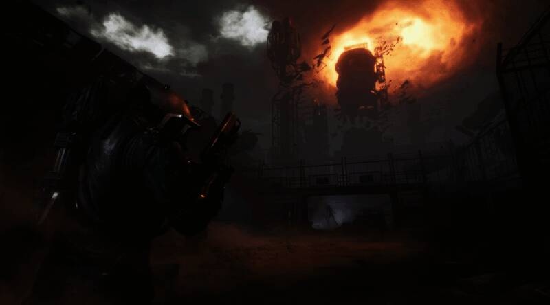 《时间旅者：重生曙光》Boss战画面，巨大扭曲生物在昏暗空间中逼近玩家，背景布满血色符号