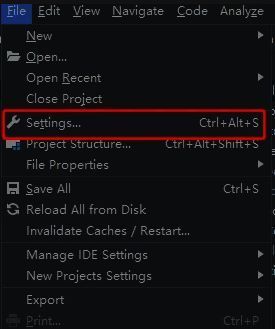 IntelliJ IDEA菜单栏中File选项展开，Settings选项被选中，展示进入设置路径的操作界面