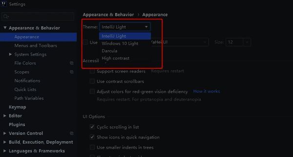 Theme下拉菜单展开，展示多种可选主题，包括Light和Darcula，界面右侧实时预览效果
