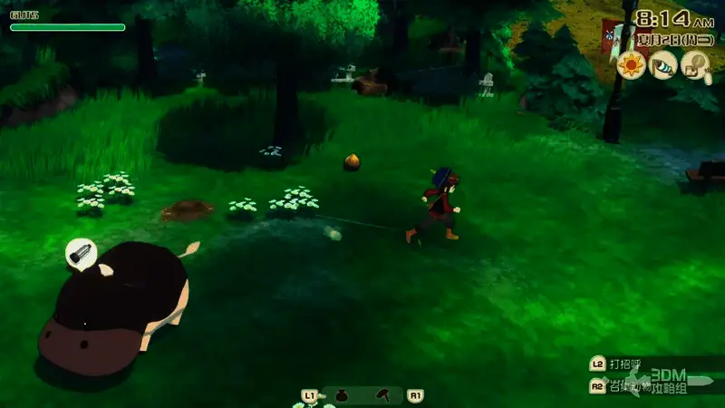 动物放牧区场景，核桃树下掉落核桃，牛和羊驼在吃草，地面有可收割的绿色牧草