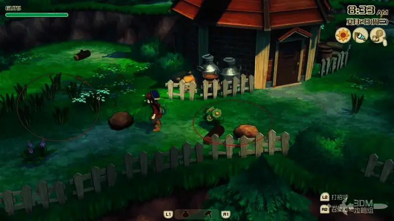 红色风车旁堆满杂草，小精灵漂浮在空中，背景为晴朗天空与旋转的风车叶片