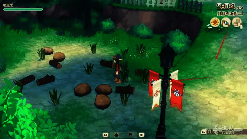 特写镜头展示平台上刷新的各类采集物，包括树枝、石头和野花