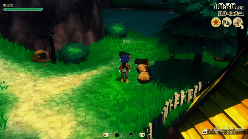 风车背后山坡上堆满木头和矿石，角色手持斧头准备采集