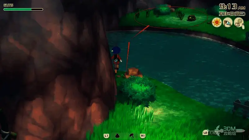 河对岸资源点特写，地面散落高级矿石与稀有植物