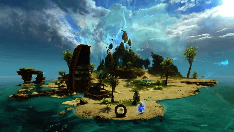 《激战2》新海岛宅地全景图，阳光沙滩与木质小屋交相辉映，海浪轻拍岸边，充满度假风情