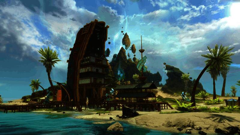 玩家在新海岛宅地上建造的多层木屋结构，配有吊床、篝火与花园，细节丰富