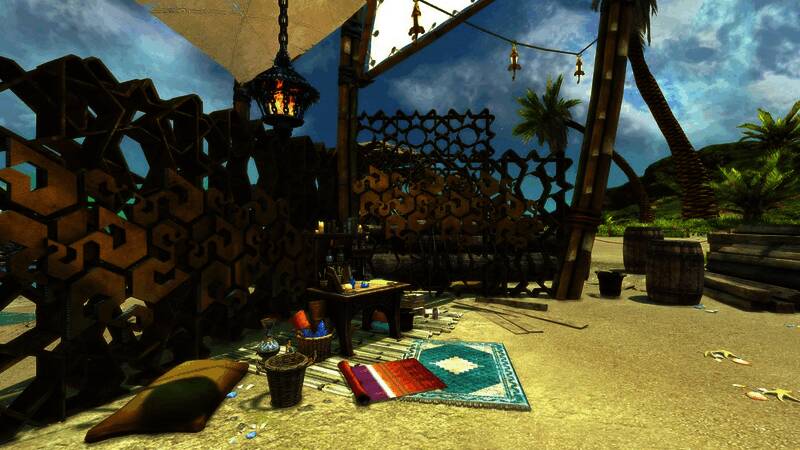 夜晚模式下的海岛宅地，灯光温暖，萤火虫飞舞，营造出浪漫氛围