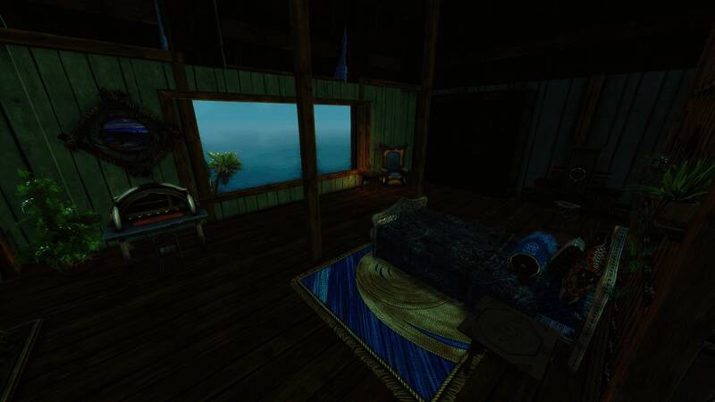 玩家使用装饰件搭建的海边码头与小船，细节逼真，融入自然环境