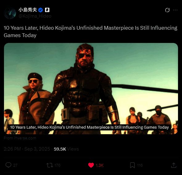 小岛秀夫在《合金装备5：幻痛》十周年之际发布的纪念推文截图，文字写道‘10年后，小岛秀夫未完成的杰作仍然在影响着今天的游戏’