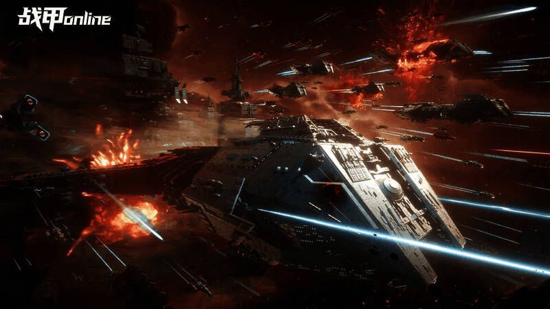 星域争夺战战斗画面，两支舰队在太空中激烈交火，光束与爆炸特效交织，视觉冲击强烈