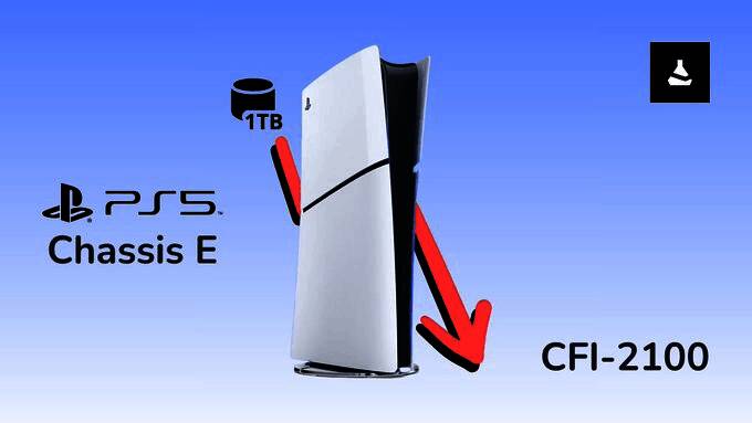 PS5 Slim Chassis E主机正面展示图，机身采用哑光材质设计，侧面可见明显缩小的硬盘标识贴纸