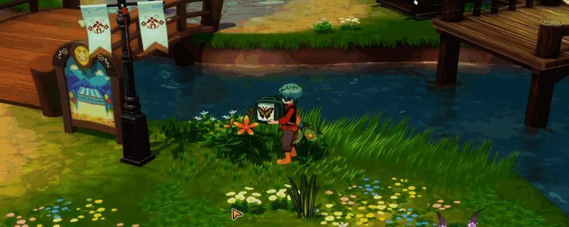 夜晚牧场中发光的昆虫在草丛间飞舞，玩家角色手持捕捉网缓缓靠近