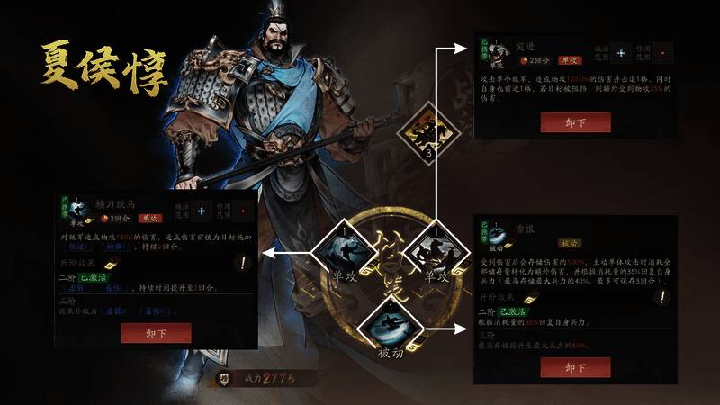 技能搭配界面截图，显示横刀跃马、突进、雪恨三项技能组合