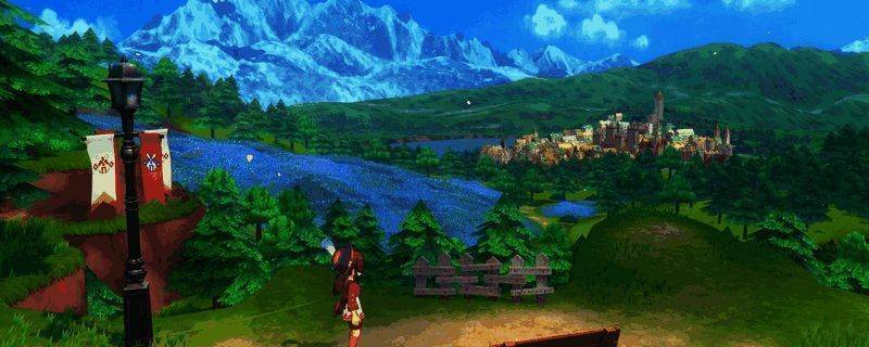 游戏中一片绿意盎然的草场，角色正在弯腰收集掉落的牧草种子，阳光洒在草地上显得格外清新