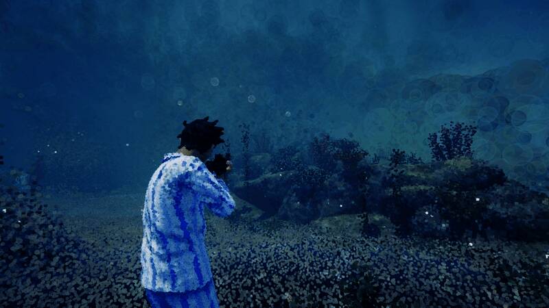 主角站在断裂的桥梁边缘，面前是延伸至远方的破碎城市景观