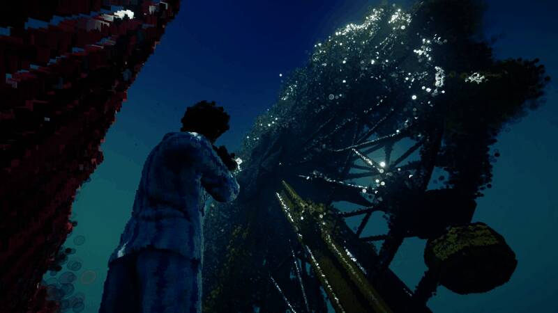 角色手持发光枪械，瞄准前方正在形成的几何结构