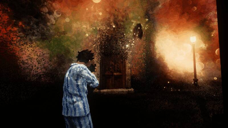 昏暗空间中浮现的文字符号，暗示游戏中的叙事线索