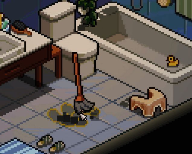 卫生间内视角，地面上有明显脚印污渍，玩家角色正持拖把进行清洁