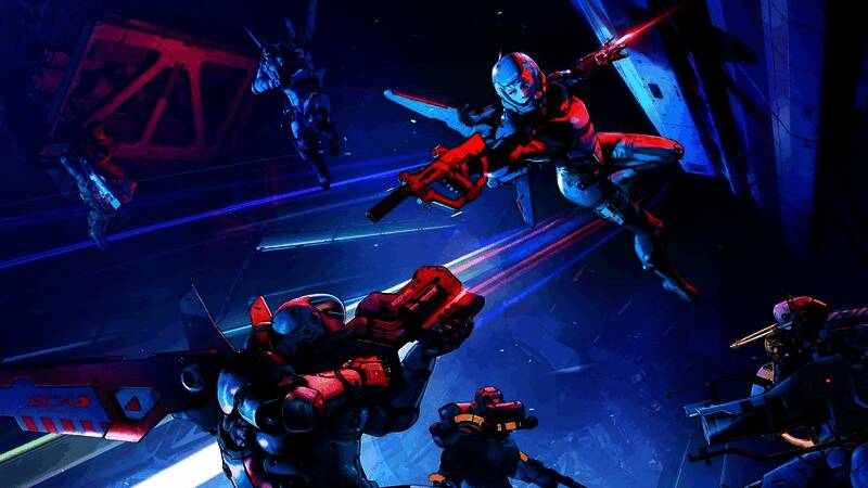 《合金天使：堕入伊甸》主视觉图，一名机械天使悬浮于废墟都市上空，背后是破碎的浮空城市与红色能量风暴