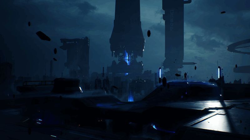 游戏内战斗场景，合金天使使用抓钩飞跃空中，同时向地面敌人发射能量弹，背景为霓虹色调的高科技城市