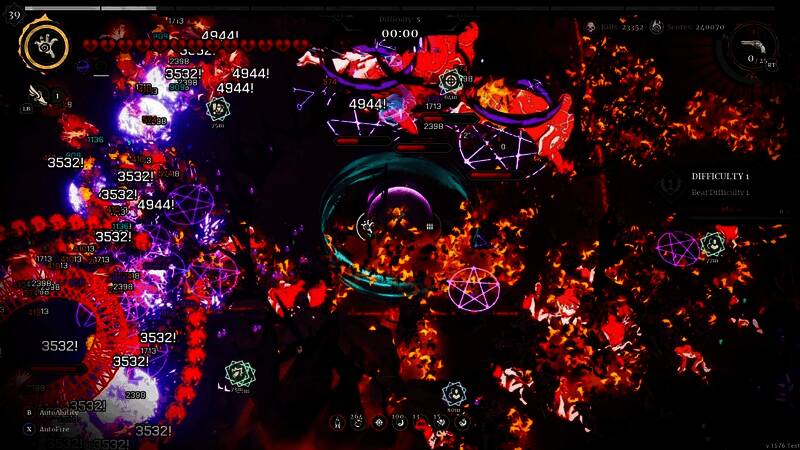 游戏中熔炉界面场景，火光四溅的锻造台前摆放着多把形态诡异的武器，背景是燃烧的炼狱景象