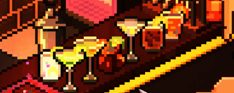 《呓语小镇》中陨石酒吧内部场景，昏暗灯光下吧台陈列着各类酒瓶，充满神秘氛围