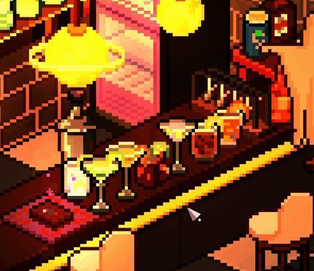 《呓语小镇》调酒界面截图，展示多种酒瓶摆放于吧台，玩家正在选择配料组合