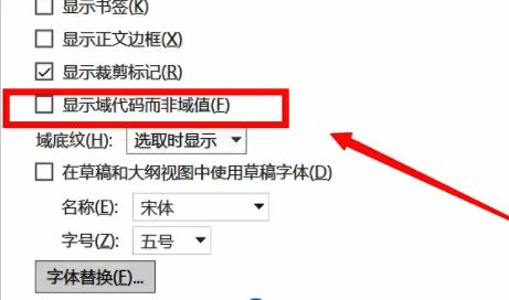 Word高级选项中，显示域代码而非域值的复选框被取消勾选