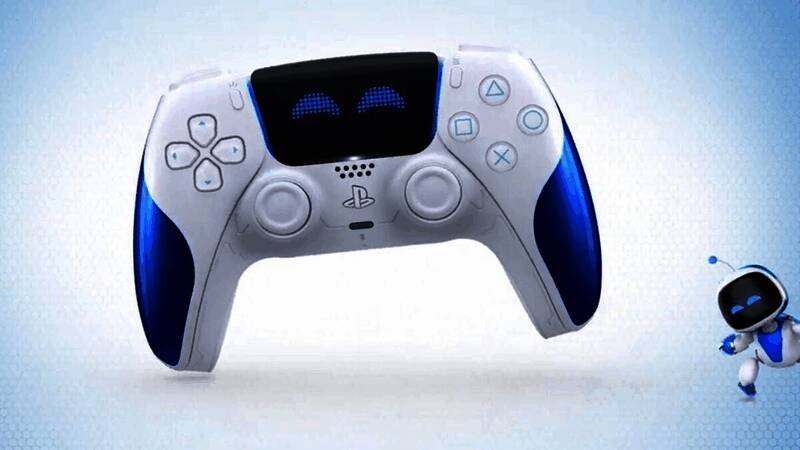 PS5《宇宙机器人》主题Dualsense手柄整体展示，白色机身搭配机器人形象，科技感十足