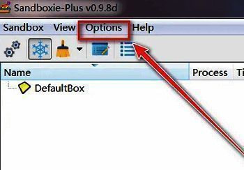 Sandboxie主界面顶部菜单栏，Options选项被选中，鼠标指针指向该位置
