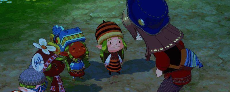 《牧场物语 来吧！风之繁华集市》中小矮人小精灵的可爱形象，五位不同颜色的小精灵站在森林边缘，周围环绕着自然元素如蘑菇、蜂蜜和鱼