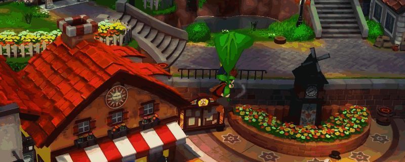 玩家角色在晴朗天空下展开滑翔伞从高台滑翔而下，背景是《牧场物语 来吧！风之繁华集市》中的田园风光