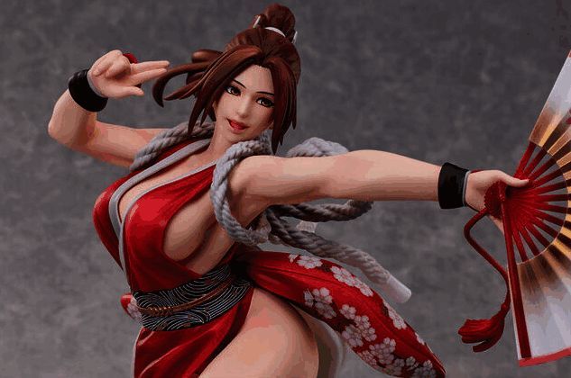 不知火舞高端雕像正面展示，身穿传统日式和服风格战斗装，手持折扇，姿态优雅而充满力量感