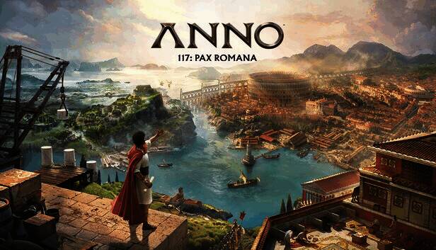 《纪元117：罗马和平》游戏宣传画面，展现宏伟的古罗马城市景观，街道繁华，建筑错落有致，远处有神庙与竞技场