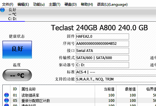 Cry​​stalDiskInfo主界面已成功切换为简体中文，各项功能按钮清晰可见