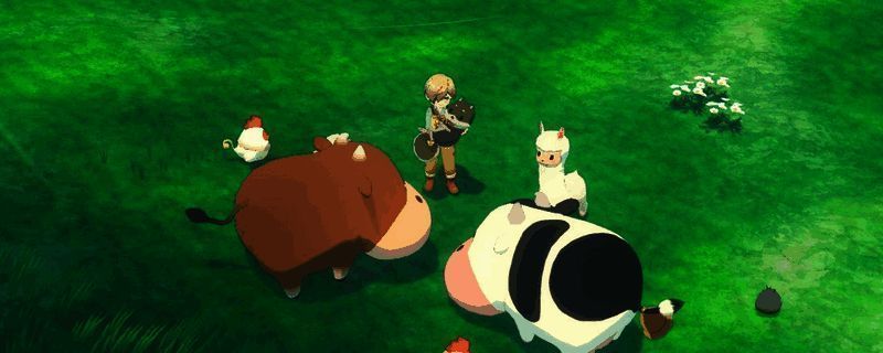 游戏内蓝色风车工作场景，风吹动风车转动，农田旁摆放着待处理的农作物