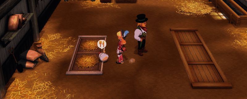 《牧场物语 来吧！风之繁华集市》中台风来袭时农田被强风席卷的场景，树木摇晃，作物受损