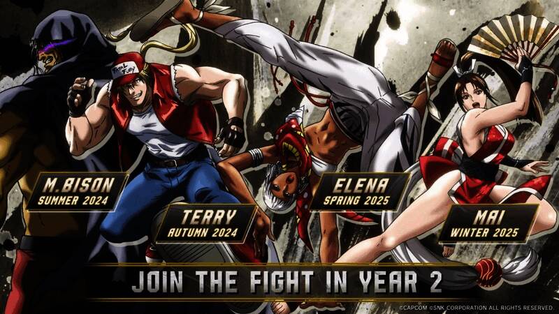 《卡普空对SNK 2》经典对战画面，隆与草薙京在擂台上激烈交锋，背景为霓虹风格的城市夜景，火花四溅