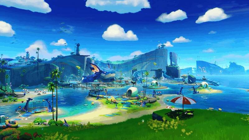 角色在度假村中参与喷漆挑战，空中洒落彩色涂料，画面生动活泼