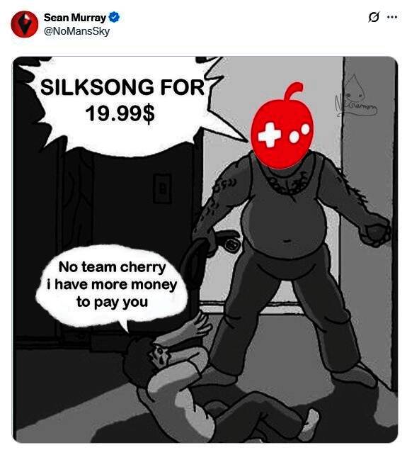 社交媒体截图展示玩家发布的‘多付钱’迷因，文字写着‘我愿意为《丝之歌》支付50美元，只求它快点来’