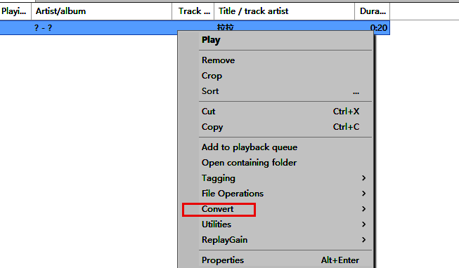 右键菜单展开，convert转换选项被鼠标指向，列表中包含不同转换模式